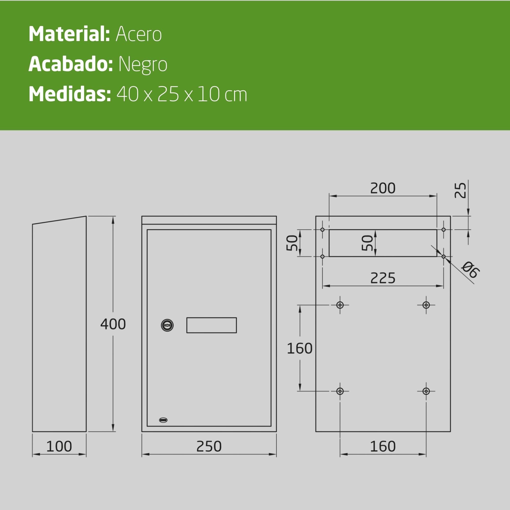Amig - Buzón Recogecartas para Interior - Tamaño Compacto para DIN A4 - Apertura con Cerradura - Acero Negro- Fácil de Instalar en Puertas o Verjas - 40 x 25 x 10 cm