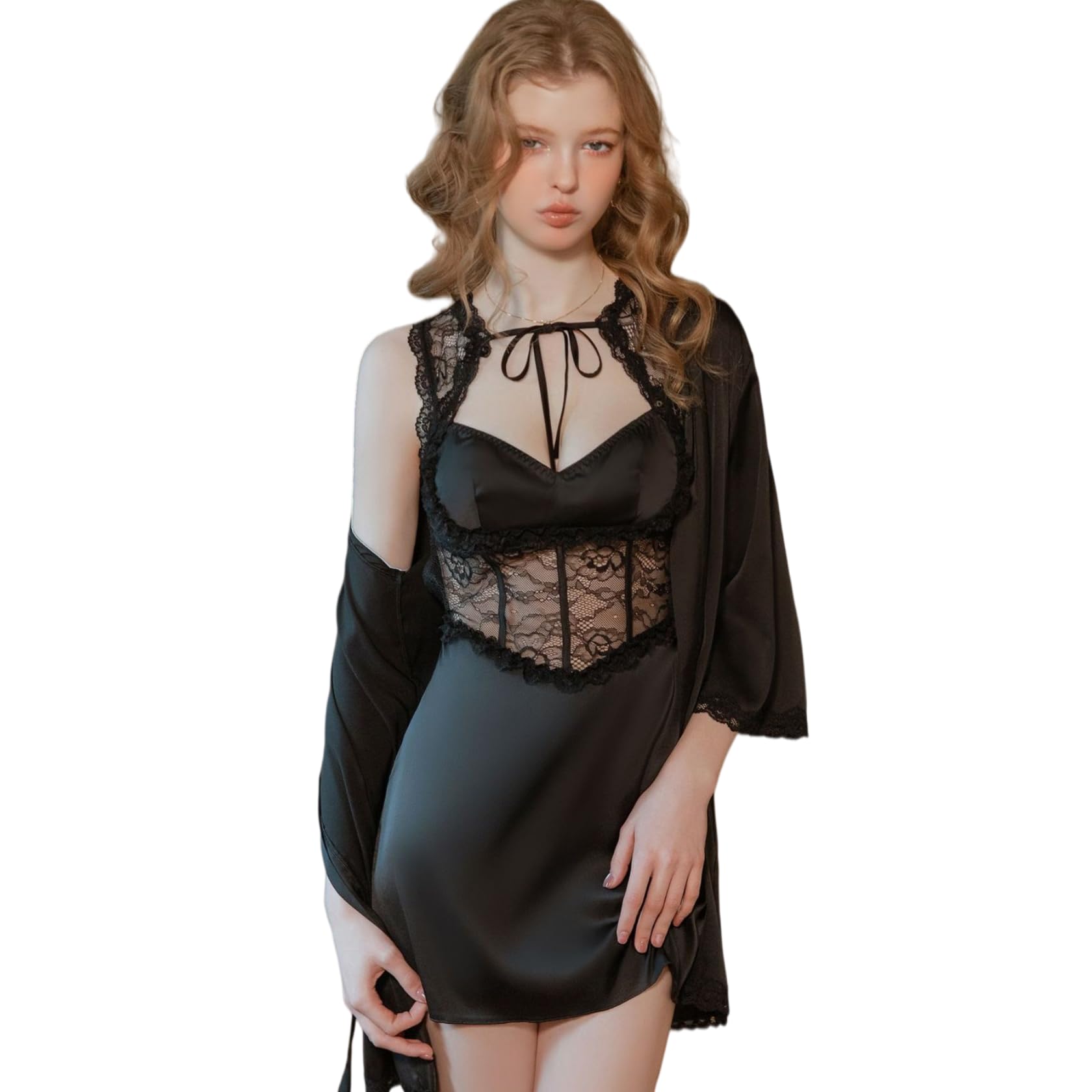 Vestaglia Sposa Completo da Notte/Vestaglia in Raso con Scollo A V E Lacci, in Pizzo Trasparente