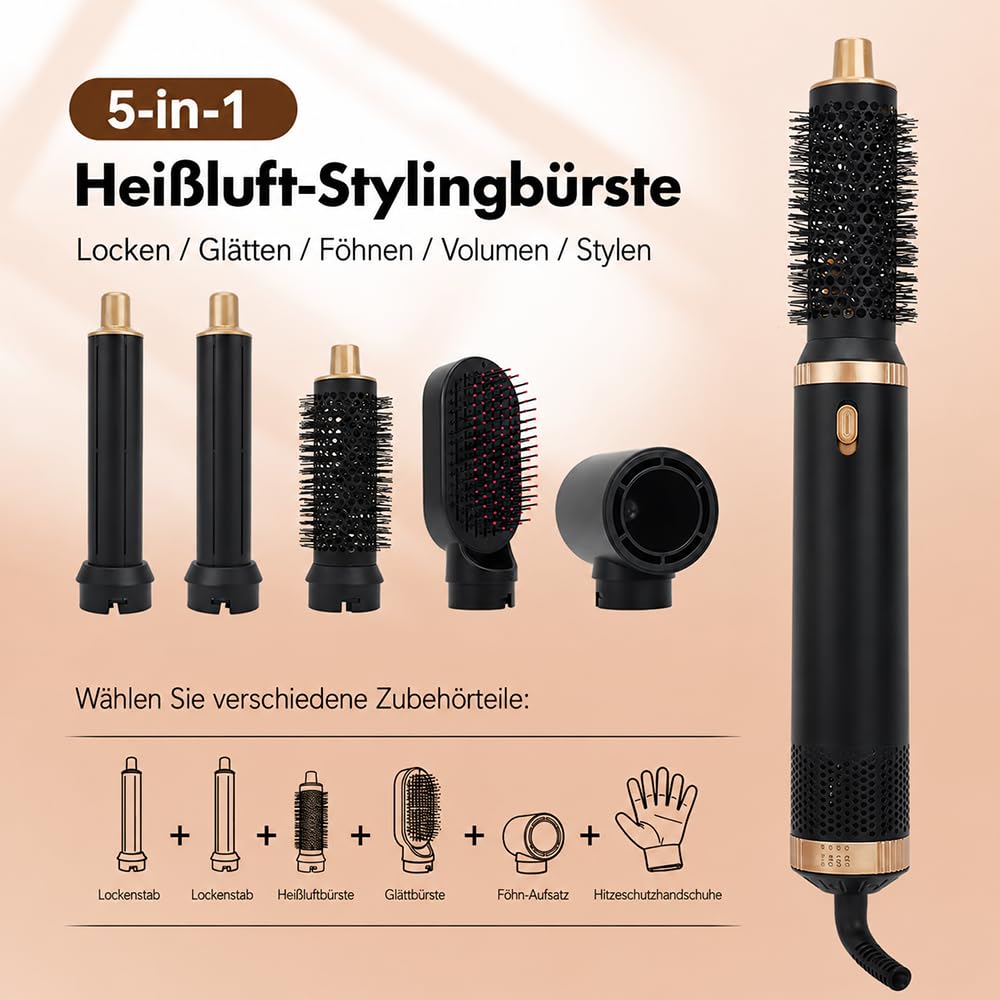 Airstyler 5 en 1 Set de estilizador de pelo, cepillo de aire caliente, estilizador multifuncional con 5 cabezales intercambiables, secador de pelo de iones para alisar, secar, volumen y rizos