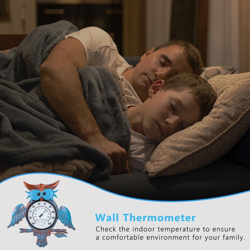 Outdoor Clock & Outdoor Thermometer, Sun Wall Clock Silent Non-Ticking and Owl Wall Thermometer with Humidity for Garden, Home Decor