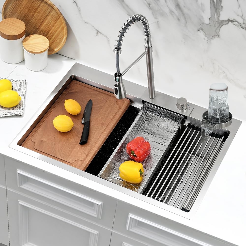 33 Inch Drop In Waterfall Kitchen Sink with Faucet Combo,Jshozzy Drop In Kitchen Sink Stainless Steel 16 Gauge Top Mount Workstation Sink 33x22 Single Bowl