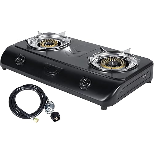 BESTFIRE 35,000 BTU Double Burner Propane Gas Stove, Portable Outdoor Camping Cooker with Auto Ignition, Rust-Resistant Alloy Steel, CSA Regulator & Hose, for BBQ, RV, Tailgating, 28.74"×14.76"×5.51"