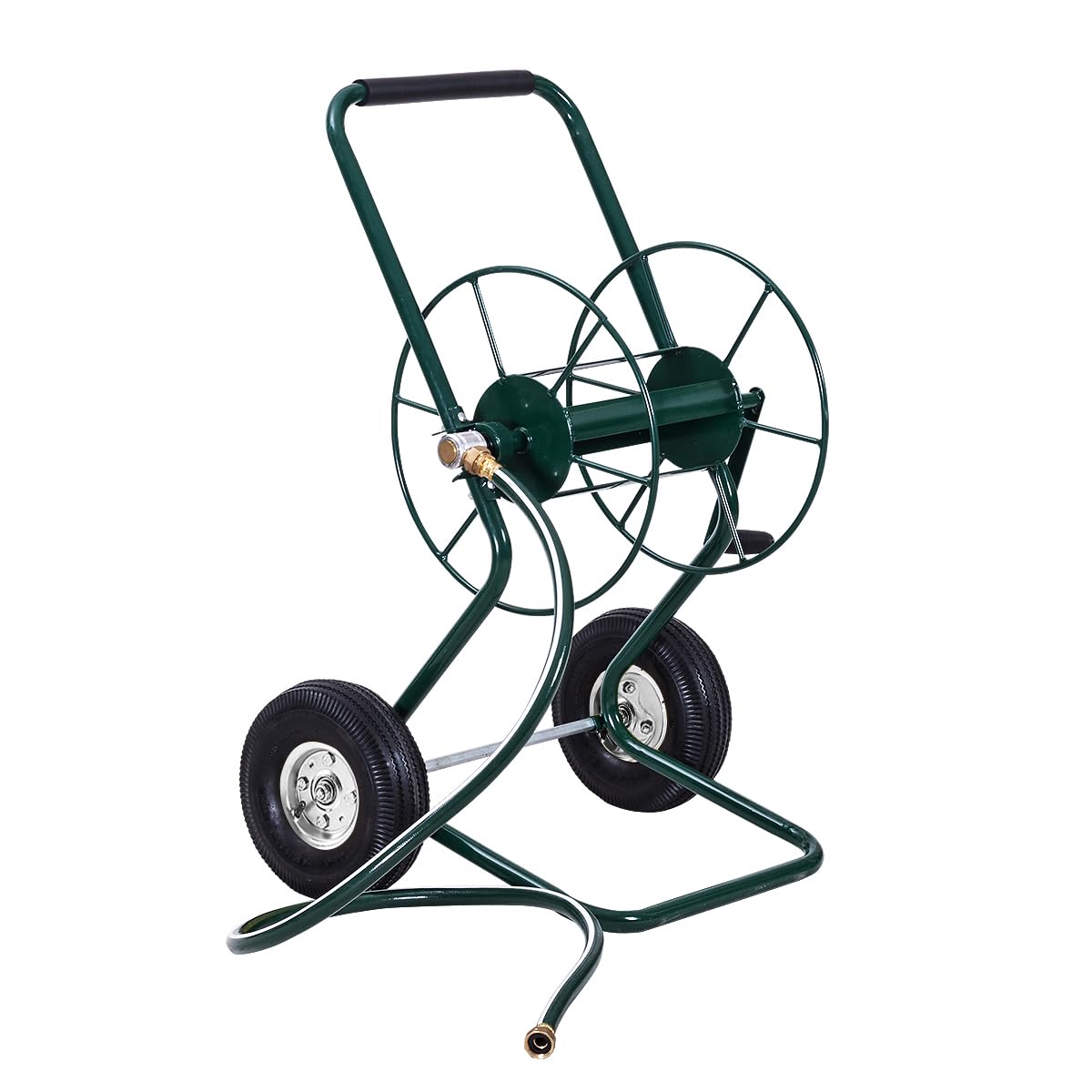 SOARS Schlauchwagen Metall, Schlauchaufroller für 3/4" Schlauch, Schlauchtrommel mit tropffreie Drehdurchführung & Kurbel & Gummirädern, Gartenschlauchwagen mit 188 cm Anschlusschlauch