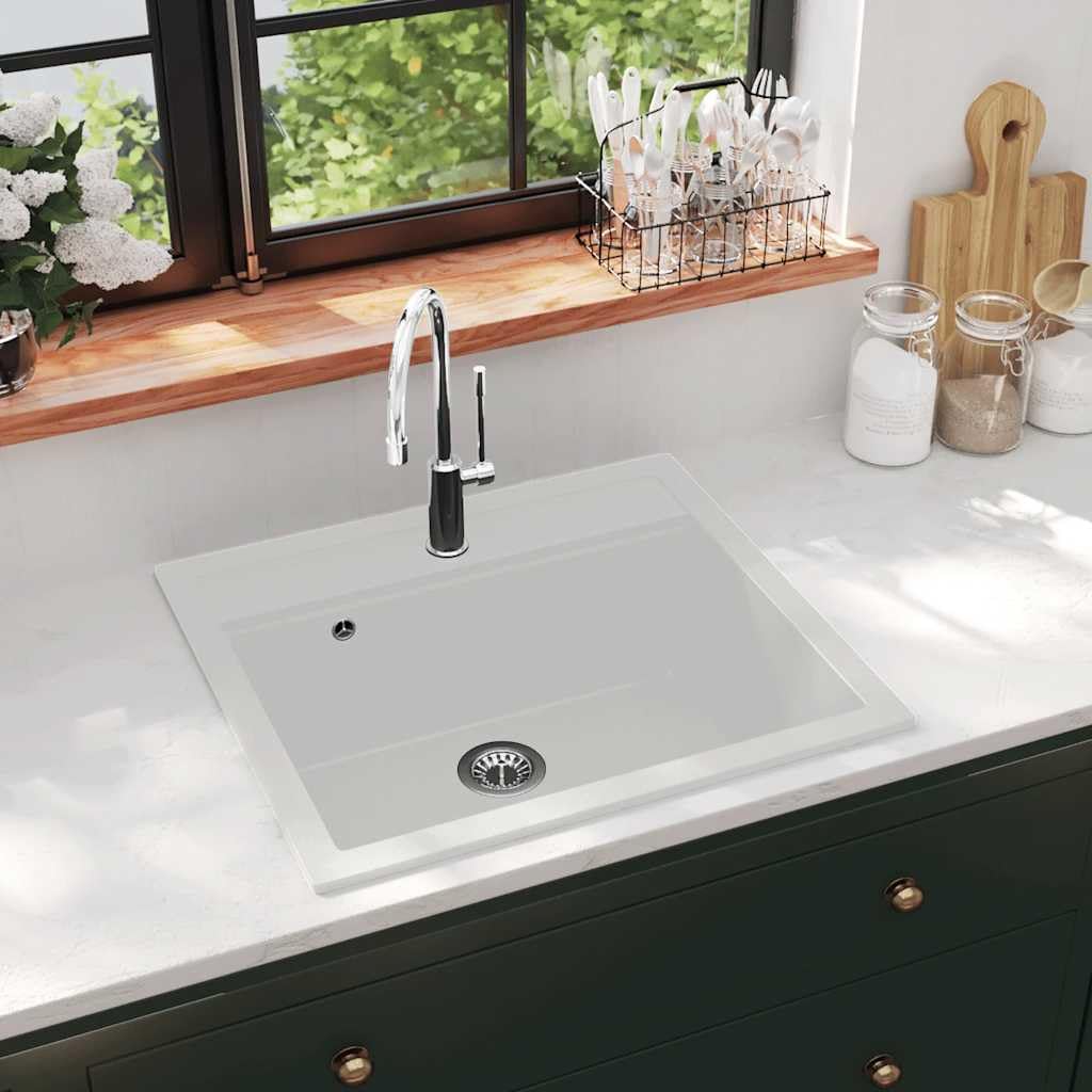 vidaXL Evier de Cuisine Egouttoir Seul Lavabo Encastré Réversible avec Trou de Montage pour Robinet et Distributeur de Savon Intérieur Maison Granit Blanc