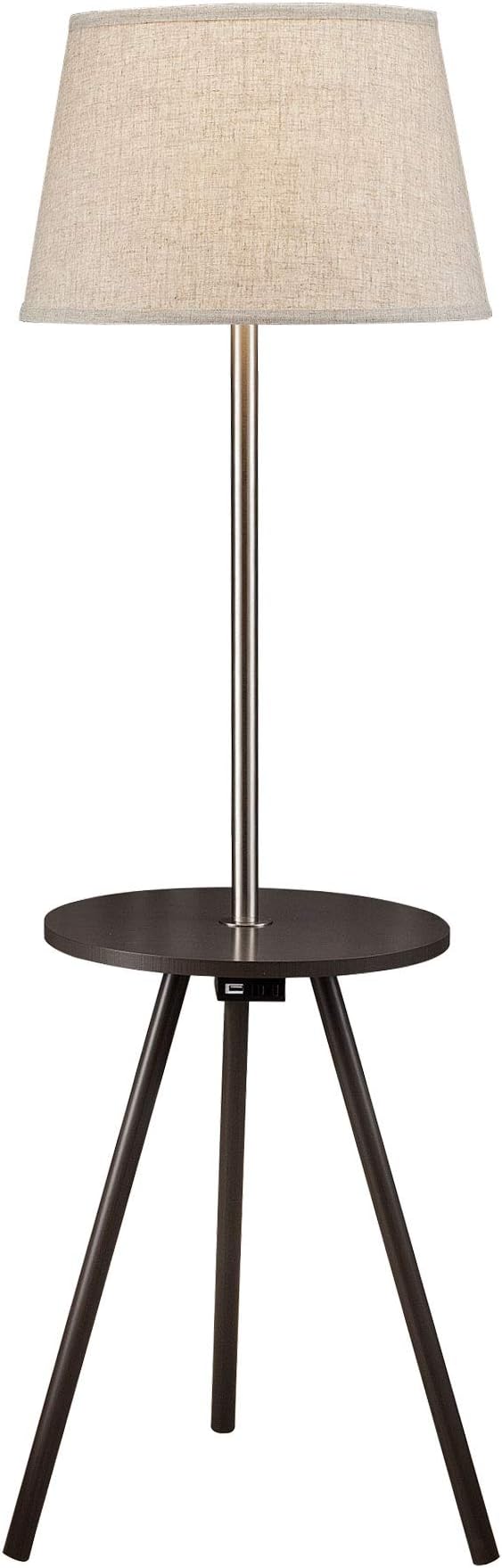 SH Lighting Round End Table Floor Lamp Combo - Features USB Charging Port & Power Outlet - 55" Tall Great for Living Rooms or Bedrooms - Cappuccino Brown