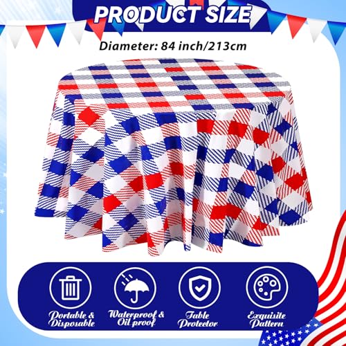 Image of 3 Pcs Disposable Round Patriotic Tablecloth 4th of July 84 Inch Plastic Tablecloth Red White and Blue Buffalo Plaid Memorial Day Table Cover for Independence Day Dinner Party