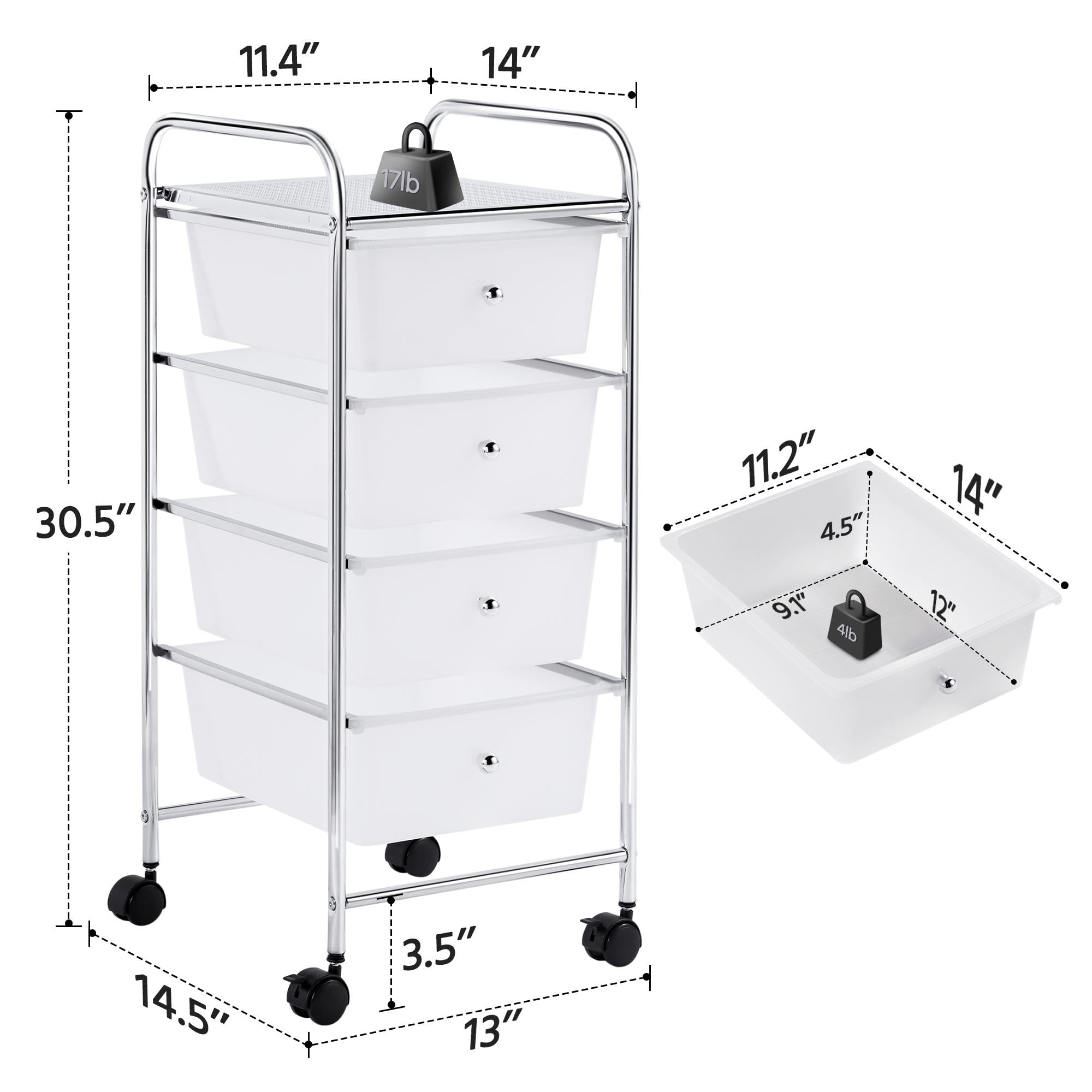 Yaheetech Chariot de Rangement Mobile 4 Tiroir Tour de Rangement Plastique Meuble de Stockage pour Cuisine, Salle de Bain, Buanderie, Bureau, Chambre 77 cm/Blanc