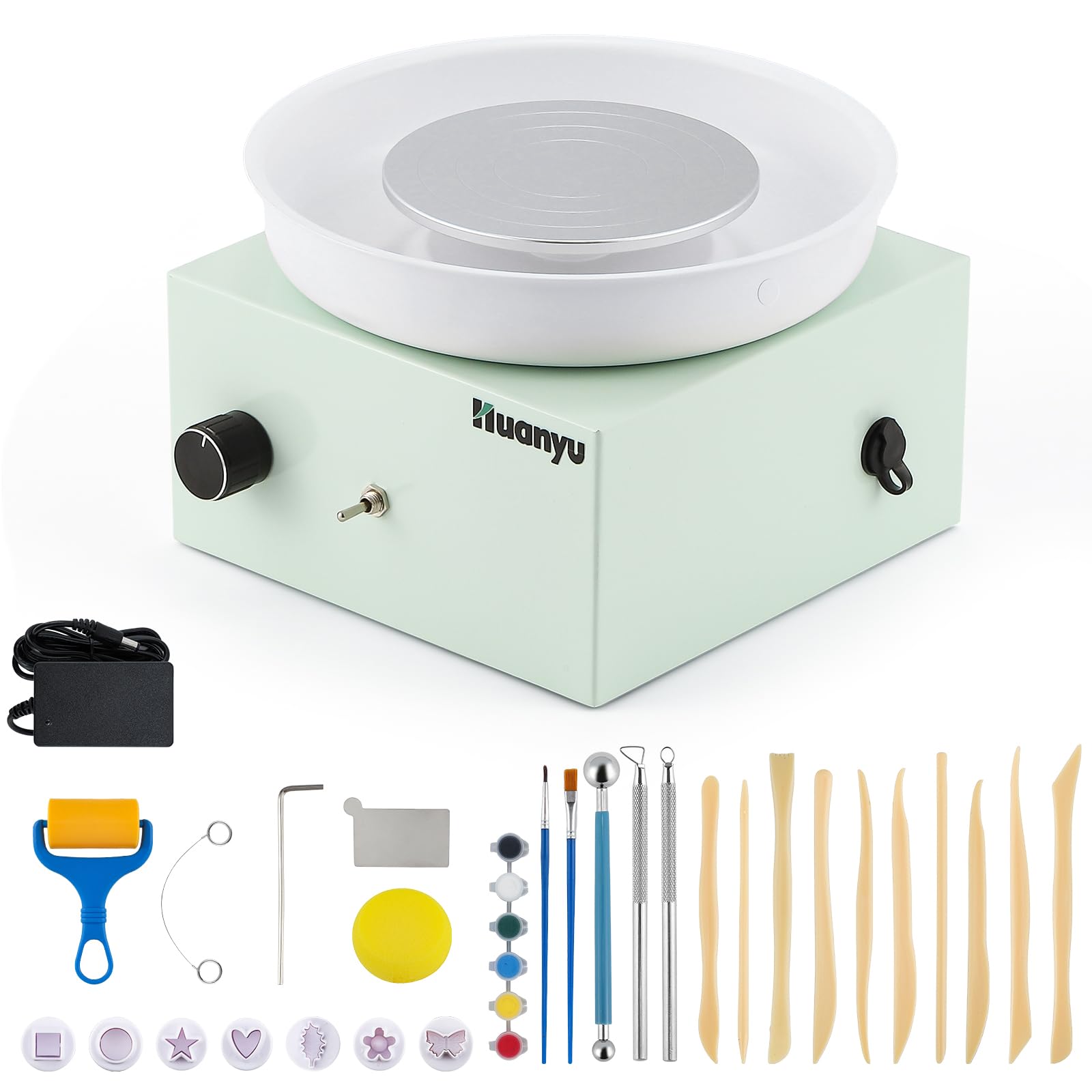 Huanyu Ruota di Ceramica 10cm/4in Mini Elettrico Ruota di Ceramica Piccoli vasai per i Principianti 0-2000RPM velocità Regolabile Ceramica Ruota di Ceramica con 27pcs Ceramica Strumenti Kit (Verde)