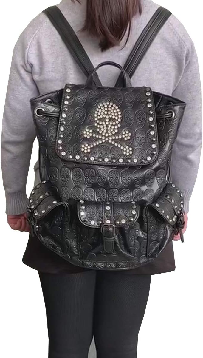 Women Rivets Backpack Rucksack Rhinestones Daypack Multi-pocket Purse Shoulder Bag Black - Image 7