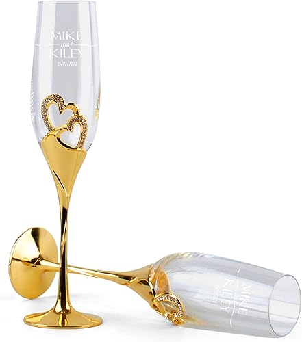 Miniatura 4 de Krezy Case Copas de boda grabadas para novia y novio, flautas de champán con caja, juego de flautas de champán con corazón personalizado, juego de