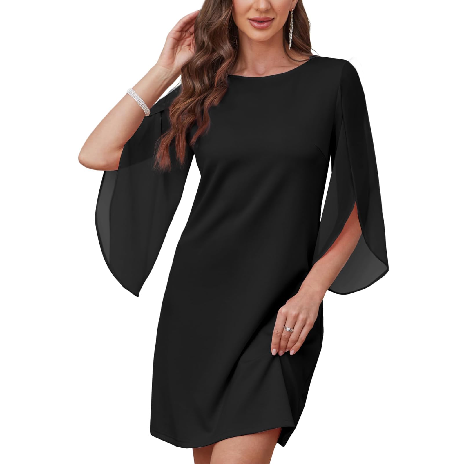 Vestido de Cóctel para Mujer Vestidos Casual de Manga 3/4 Vestido de Gasa Cuello Redondo Vestidos Midi Elegante Bodycon Vestiti de Noche para Fiesta