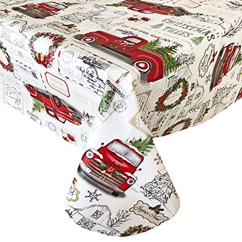 Newbridge Farm Fresh Vintage Look Christmas Tree Holiday Print Vinyl Flannel Backed Tablecloth, Nostalgic Retro Christmas Easy Care Wipe Clean Tablecloth, 52 Inch x 52 Inch Square