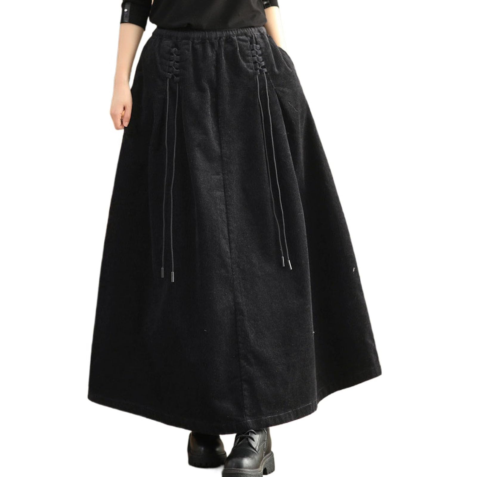 Jupe Maxi Corduroy de Femmes avec nœud de Cravate latérale, Jupe Longue à Taille élevée élastique A-Line pour l'automne et l'hiver