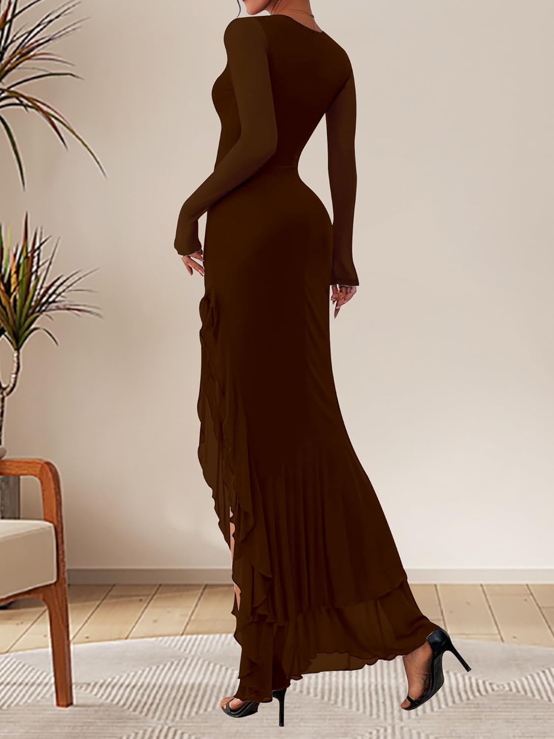 BORIFLORS Women's Bodycon Ruched Mesh Long Sleeve Maxi Dress Mermaid Ruffle Formal Cocktail Party Long Dresses - Image 2