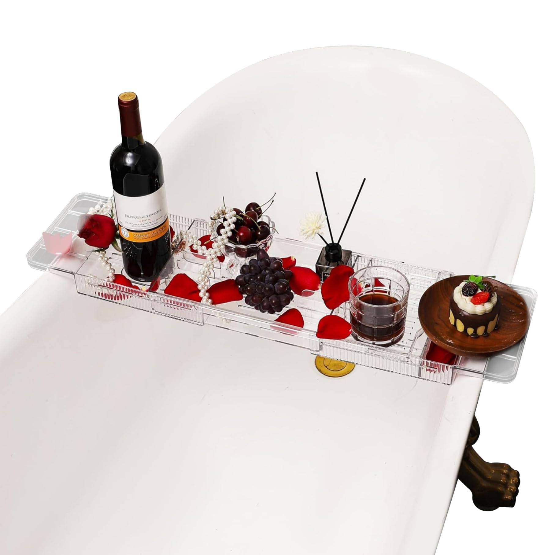 Bandeja de baño retráctil e impermeable con compartimentos para copa de vino