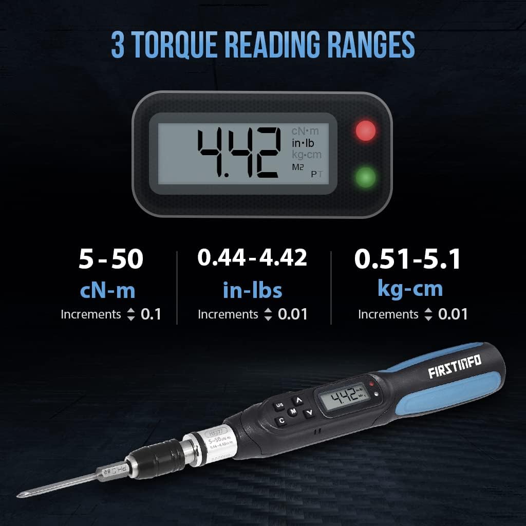 FIRSTINFO Digital Torque Screwdriver, Dual Direction 0.44-4.42 in-lbs. / 5-50 cN-m / 0.51-5.1 kg-cm, LED and Buzzer Notification, Preset Memory(H5277)