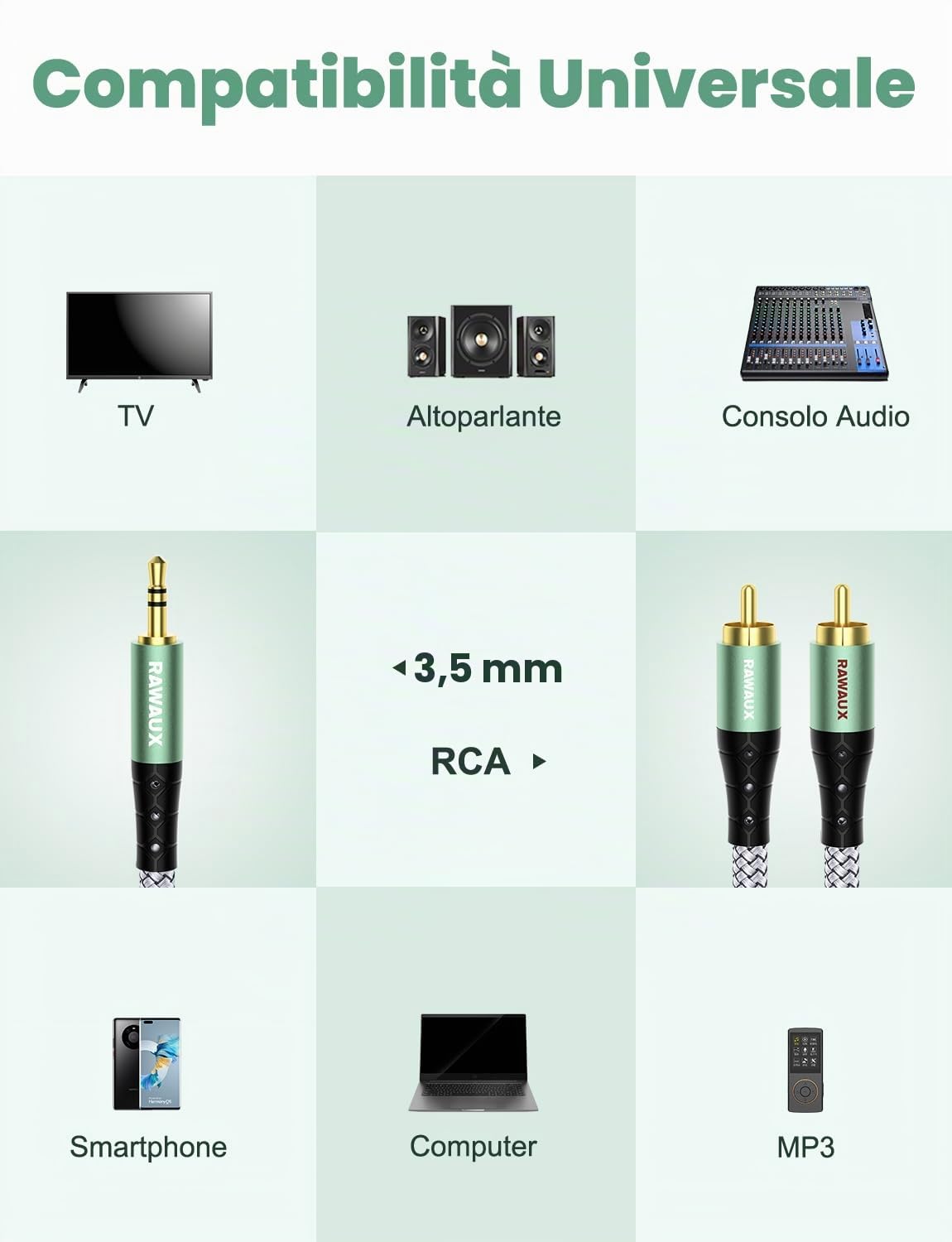 Cavo Aux Rca JSAUX Cavo RCA Jack 3,5mm A 2 RCA Maschio Audio Stereo In