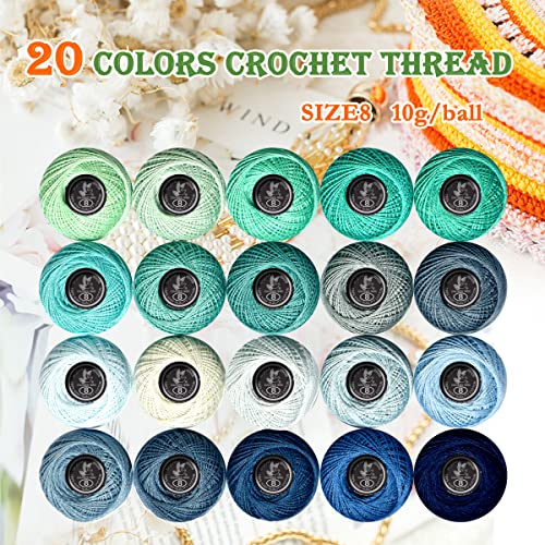 Soft 20 Colors Classic Crochet Thread Yarn 20 Pack Aquamarine Gradient