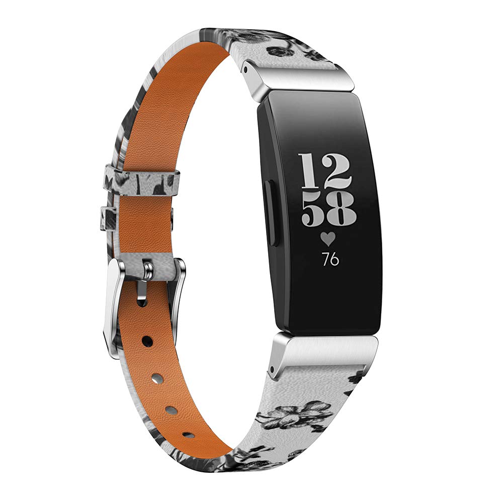TenCloud Straps Compatible with Fitbit Inspire 2 Strap, Super Soft Slim Leather Replacement Wrist Band Printed Floral Bracelet for Inspire 2/Inspire/Inspire HR Fitness Tracker (White)
