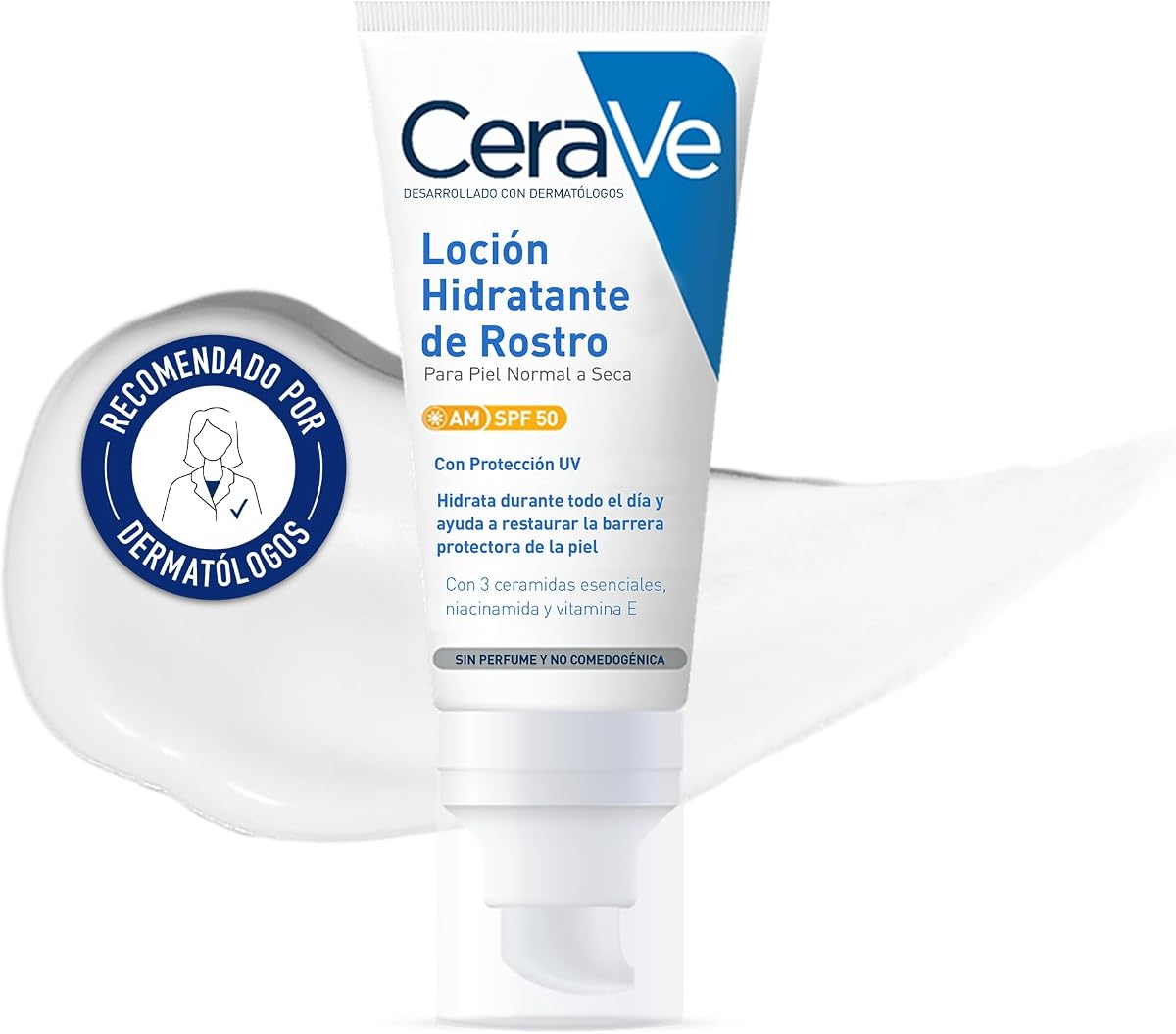 CeraVe, Loción Hidratante de Rostro SPF 50, Para Piel Normal a Seca, Hidratación y Alta Protección Contra los Rayos UVB/UVA, Enriquecida con Ceramidas, 52ml