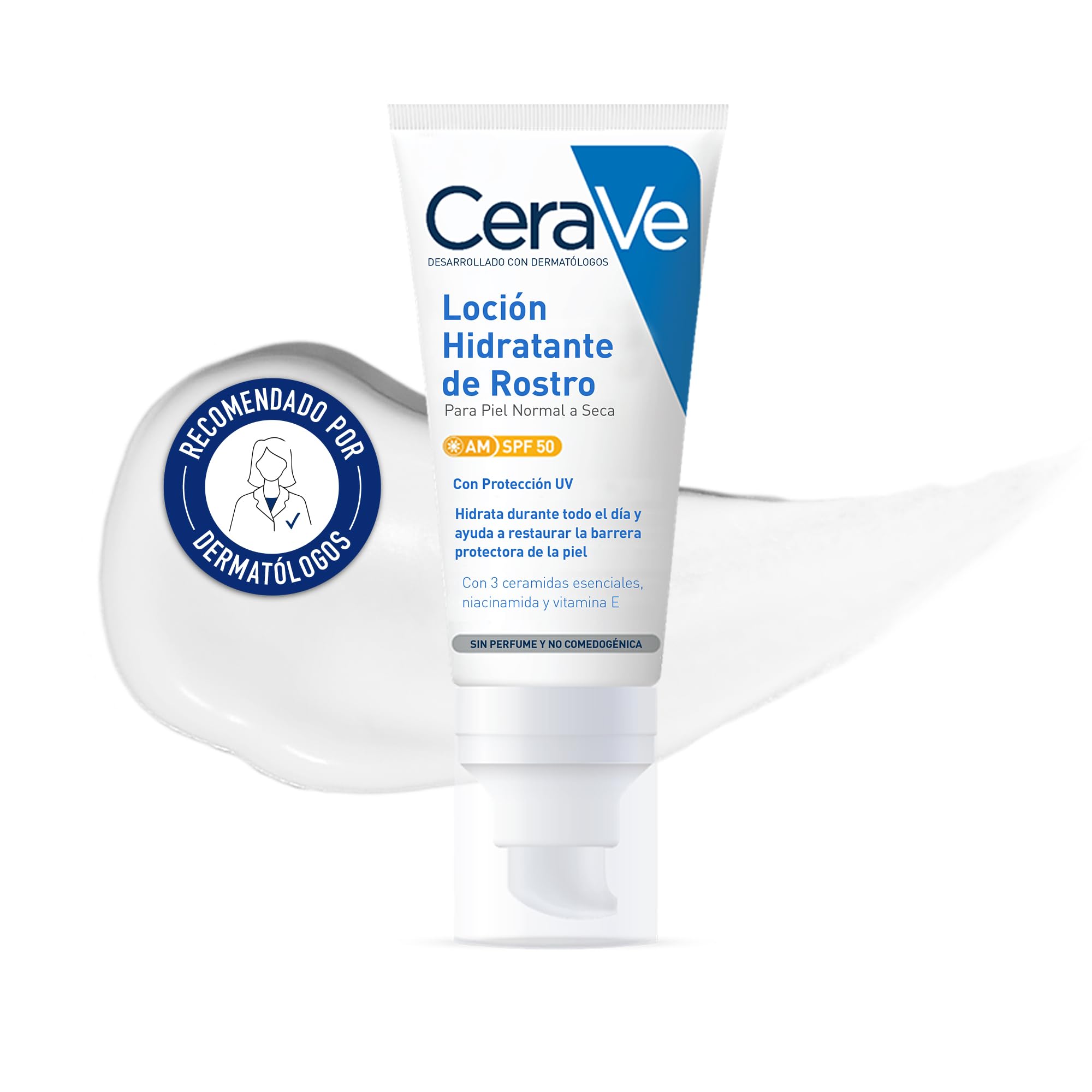 CeraVe, Loción Hidratante de Rostro SPF 50, Hidratación y Alta Protección contra los rayos UVB/UVA, Enriquecida con ceramidas, Para piel normal a seca, 52ml