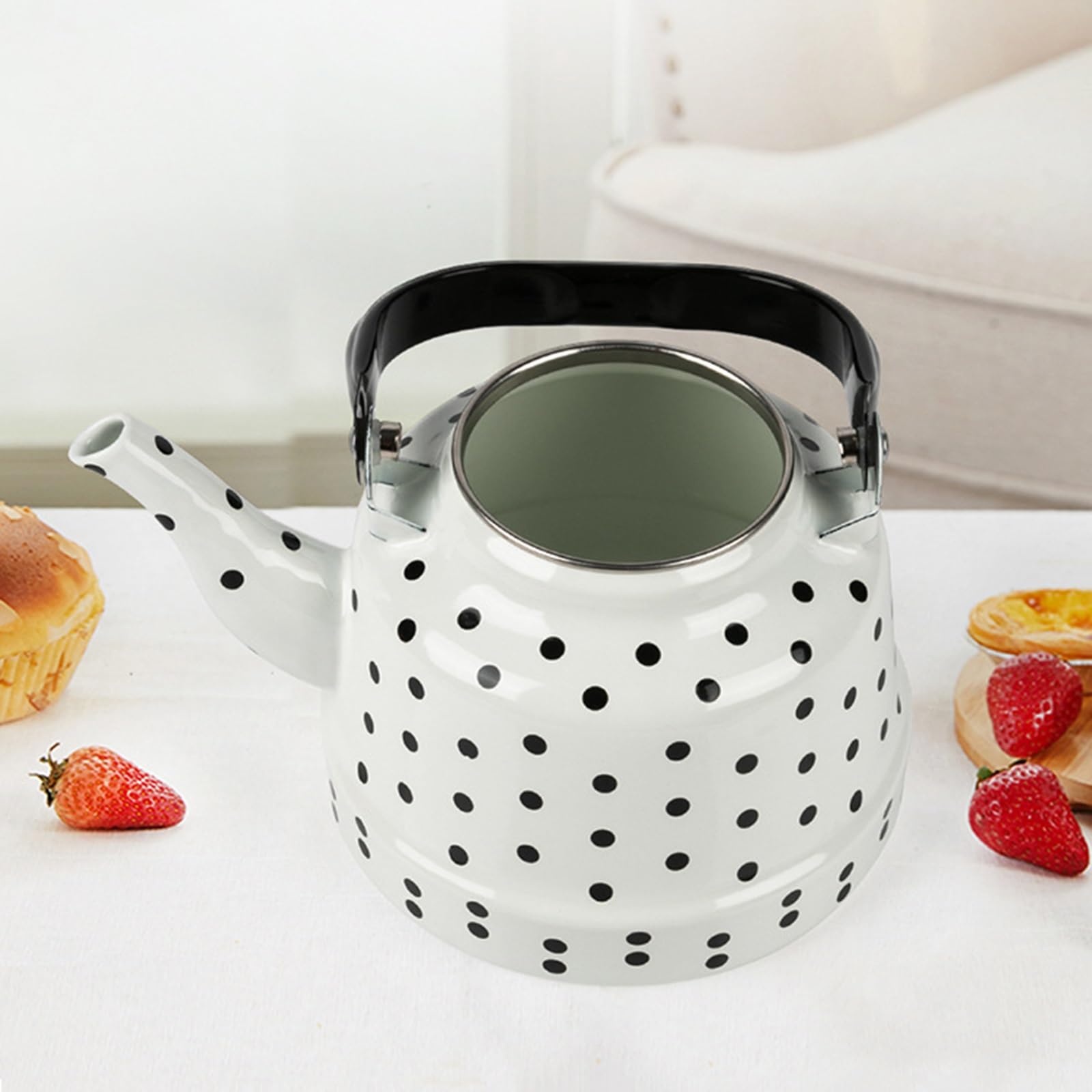 Bouilloire en émail blanc avec motif à pois noirs pour dessus de cuisinière, théière rétro pour eau chaude, chaleur rapide, remplissage facile, sans sifflement (1,7 l)