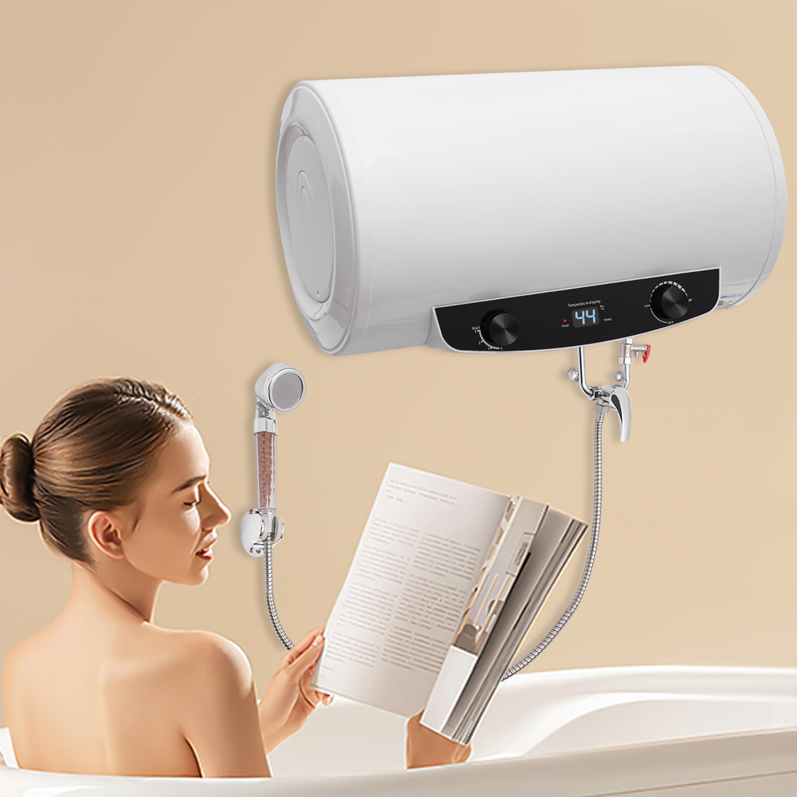 Scaldacqua da 50 l, con soffione doccia e tubo doccia, scaldacqua istantaneo, con indicatore LED, 220 V, 2000 W, elettrico istantaneo per la doccia in bagno