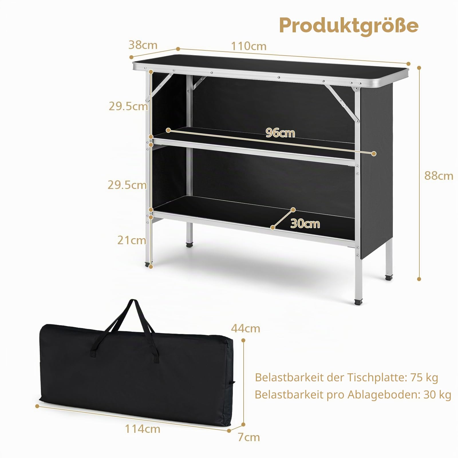KOMFOTTEU Campingküche mit 3 Ebenen Stauraum, Campingschrank Klappbar mit Tragetasche, Picknicktisch faltbar aus Aluminium, Klapptisch für Picknick, BBQ, Party (Schwarz)