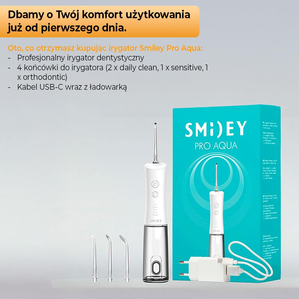 SMILEY Pro Aqua Bezprzewodowy irygator do zębów | Czyszczenie zębów Irygator do czyszczenia międzyzębowego | Zestaw do czyszczenia zębów Irygator międzyzębowy z 4 końcówkami