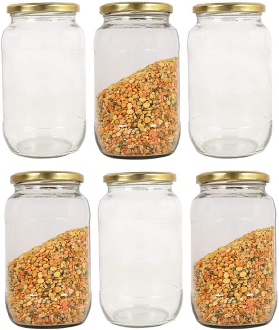 RTWARE Transparent Glass Jar And Container With Rust Proof Air Tight Gold Cap 1000 ml For jams, pickle, honey, ghee, oils, spices, masala And achar (1 KG Set of 6)