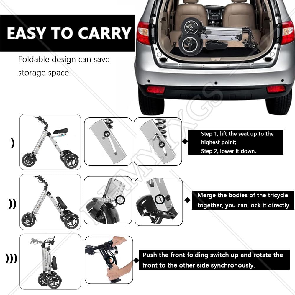 Triciclo eléctrico, scooter de movilidad plegable con asiento, ajuste de 3 velocidades, pantalla LED, neumáticos de 10 pulgadas, batería de 36 V 10 AH, ideal para personas mayores de uso diario