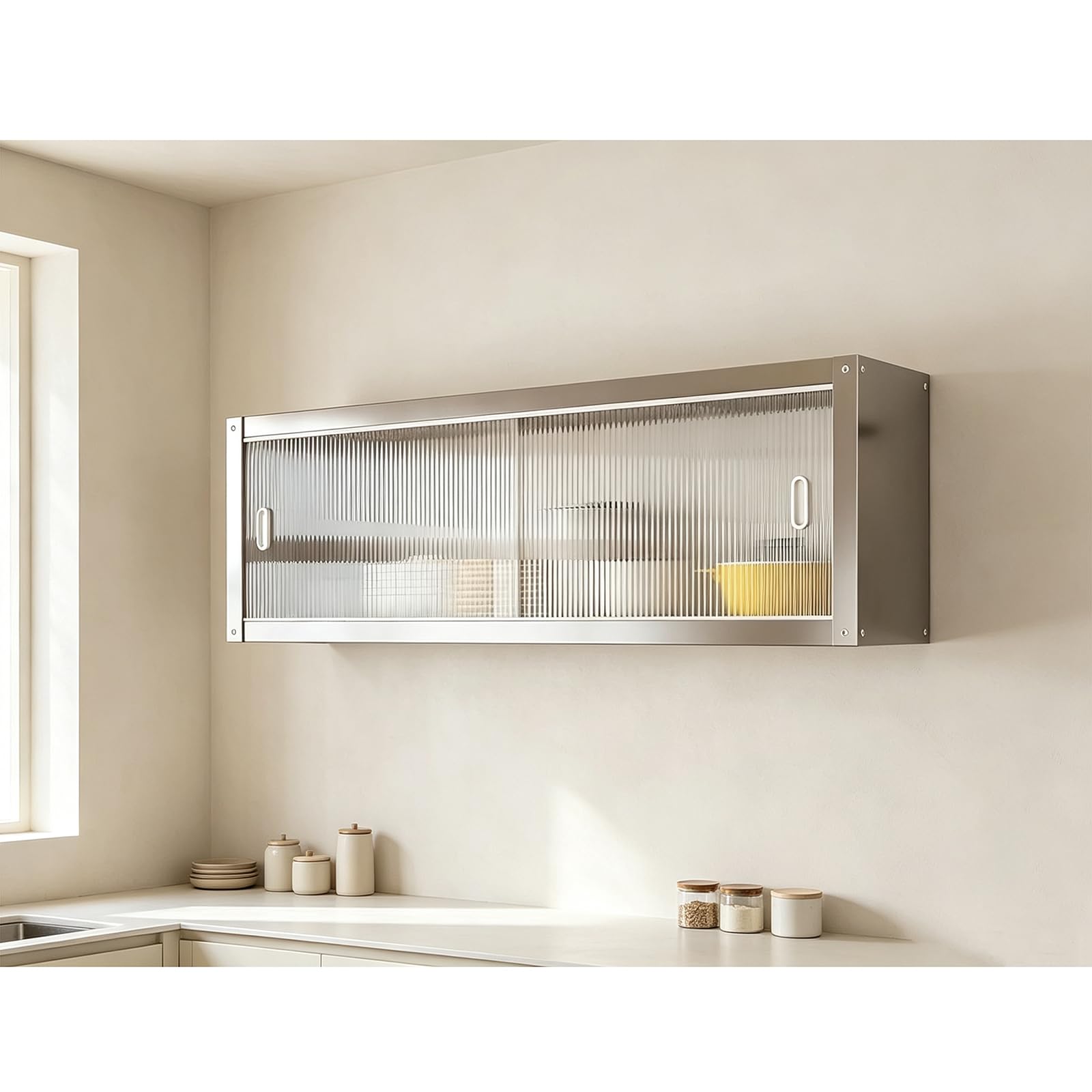 Stainless Steel Kitchen Wall Cabinet with Acrylic Sliding Doors,Easy to Clean, 2-Tier Metal Wall Mounted Hanging Storage Organizer for Spices and Dishes,Single layer90*30 * 40cm