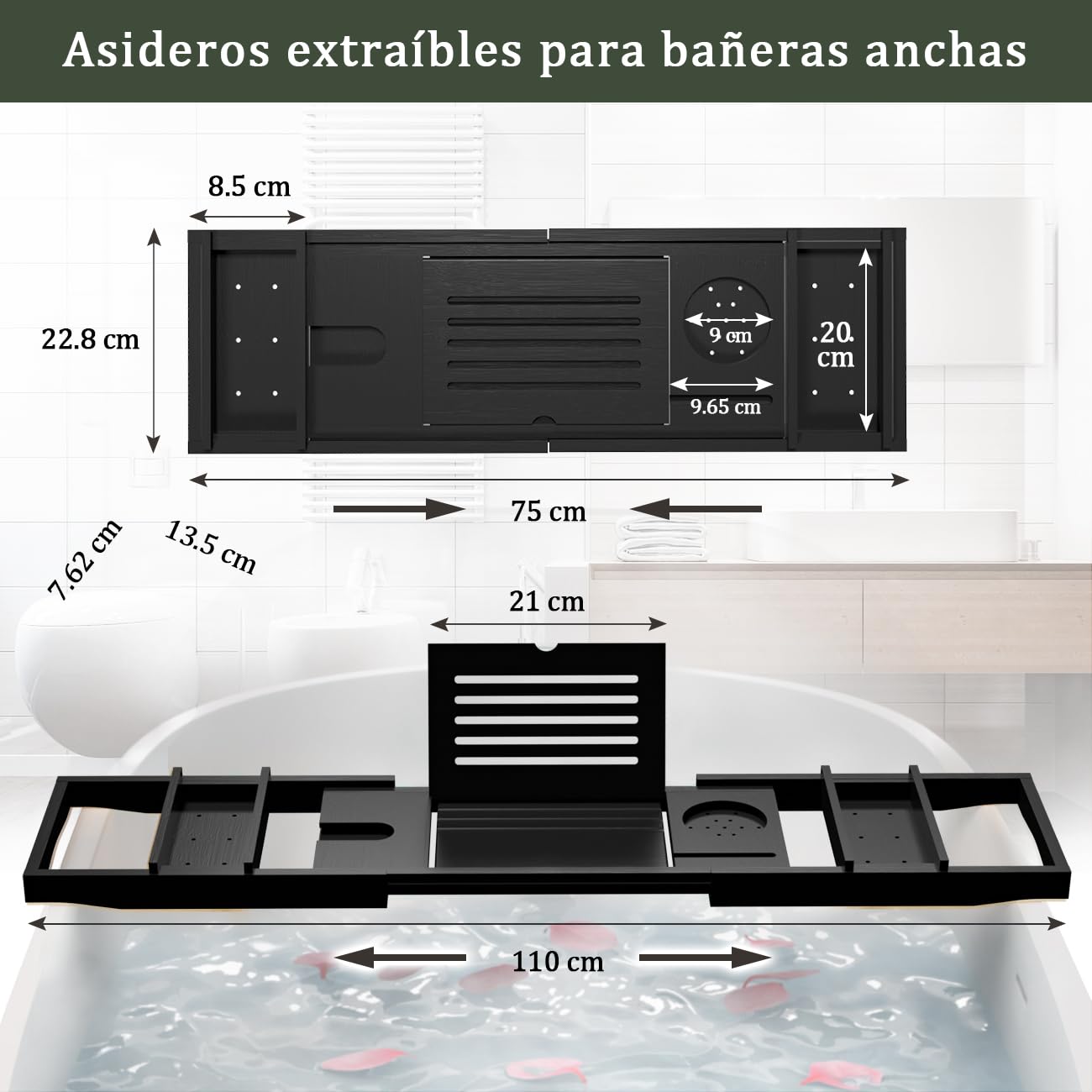 Bandeja de Baño, Tabla Bañera de Bambú Ajustable, 75-109 * 23 * 4,5cm, se Adapta a la Mayoría de Bañeras, Accesorios baño Madera para iPad, Libros, Teléfono, Vidrio (Negro)