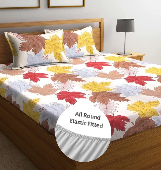 Image of NHD HOME Premium Cotton Elastic Fitted Floral Bedsheets With 2 King Size Pillow Covers | Double Bed With All Around Elastic 180 TC Supersoft /Breathable| Size-78X72+10 Inches| White Red & Yellow