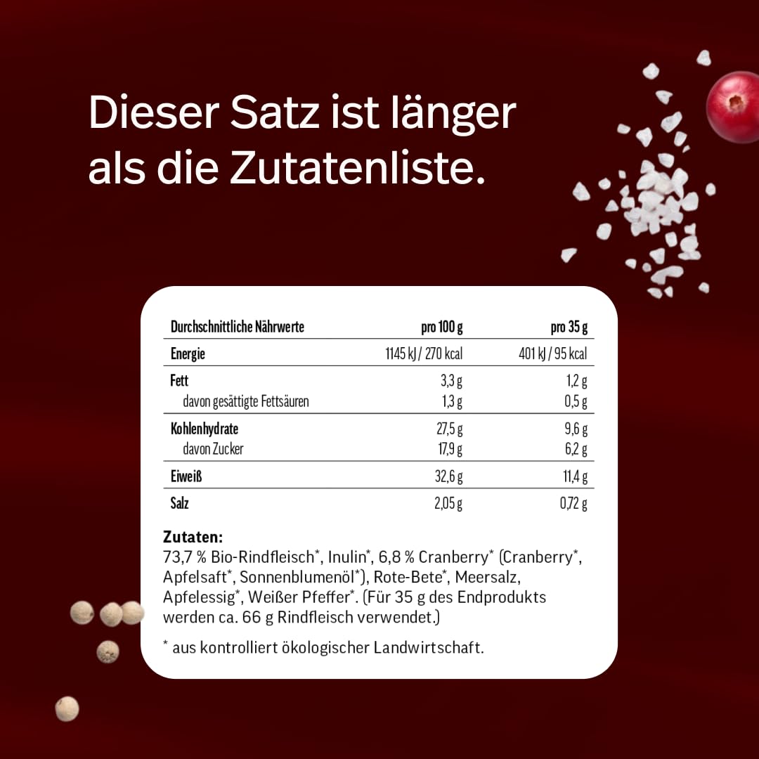 edubily® Beef Bar Cranberry - Protein Riegel als herzhafter Snack für unterwegs - mit 32% Protein aus Bio-Rindfleisch, Cranberries & Rote Bete - low carb (12x35 g, glutenfrei, Bio)
