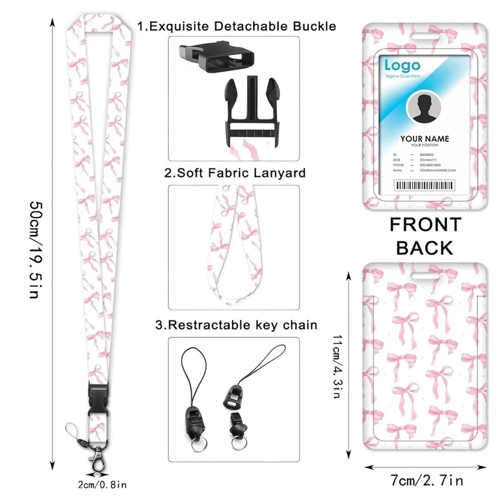 Lot de 10 porte-badges avec rouleau extensible, joli nœud rose et cordon amovible, fournitures de bureau pour étudiants, cartes bancaires (combinaison nœud rose)