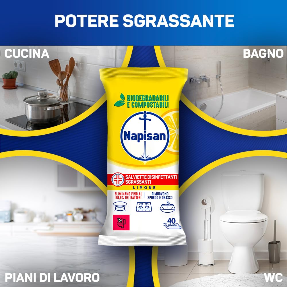 Napisan Salviette Disinfettanti Sgrassanti al Limone, Confezione da 5 Pacchi x 80 Salviette Disinfettanti Biodegradabili e Compostabili Multisuperfici