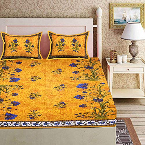 Image of RajasthaniKart Pure 100% Cotton Double Bed Sheet with 2 Pillow Covers (Bedsheet for Double Bed Cotton, Yellow Kashmirkalli Jaipuri, King Size,5167)