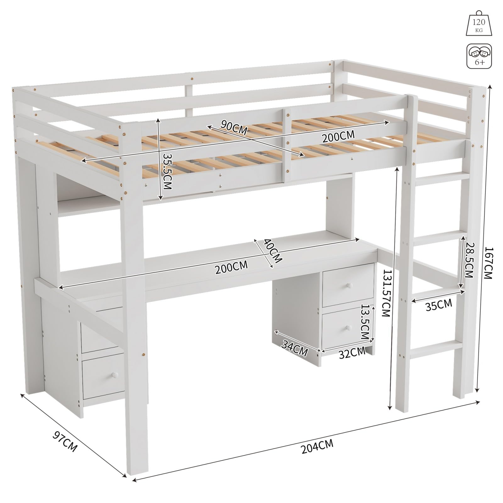 KOMHTOM Lit en Mezzanine Surélevé avec Compartiments de Rangement, 90 x 200cm Simple avec Bureau sous Le Cadre, Support à Lattes (sans Matelas) (Blanc)