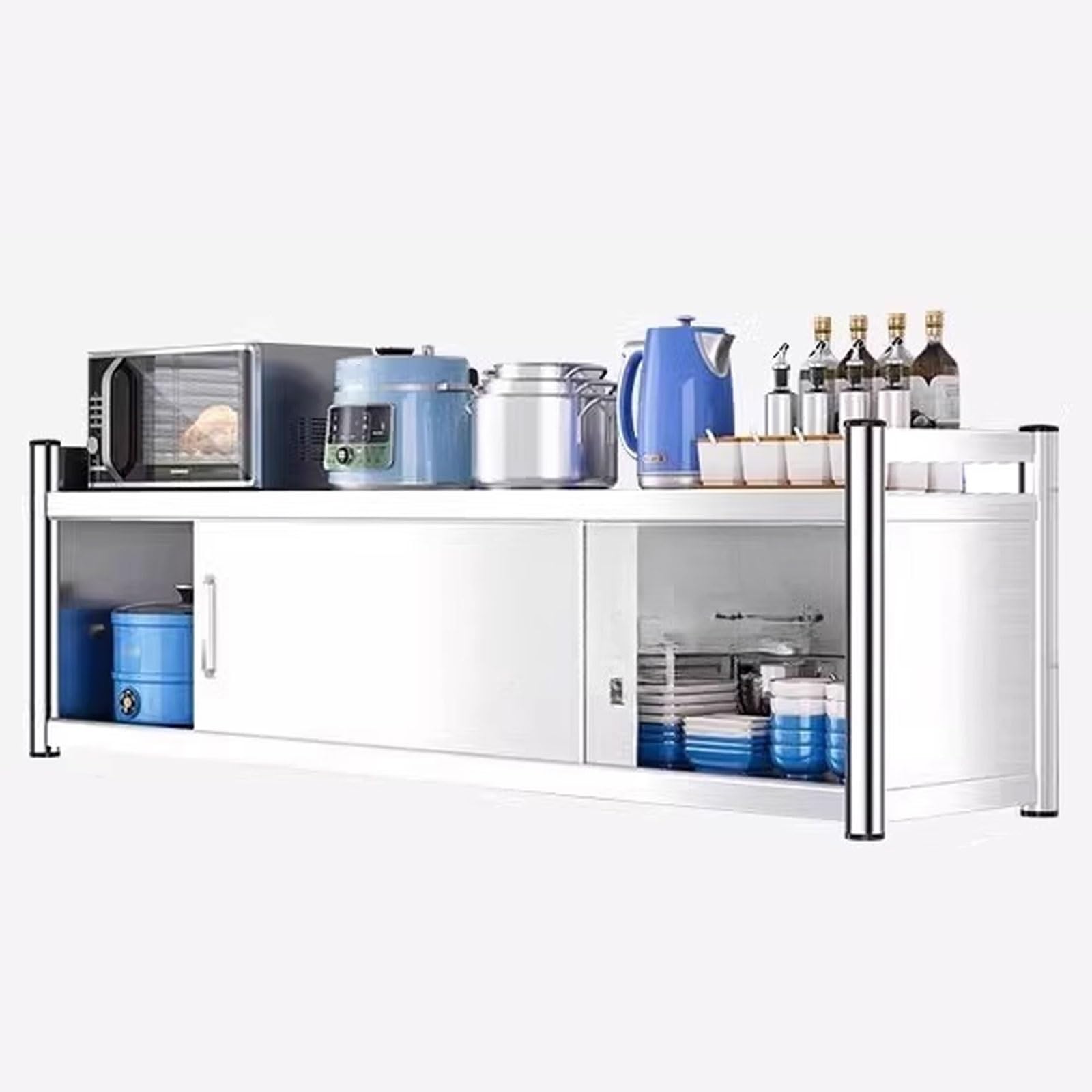 Armoire murale en acier inoxydable avec porte coulissante 1 ou 2 niveaux Fixation par vis Capacité de charge 50 kg Pour garage, bureau, cuisine