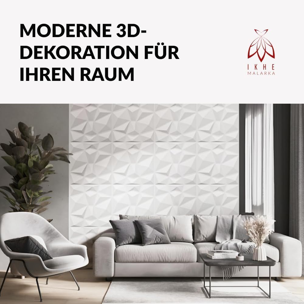 Eurodeco 3D Wandpaneele - 3D Wandverkleidung aus Polystyrol XPS Styropor - Dekoren Deckenpaneele - Wanddeko Platten - 50 x 50 cm, 3 mm Stärke, Diamant Weiß, 8 Stück (2m²)