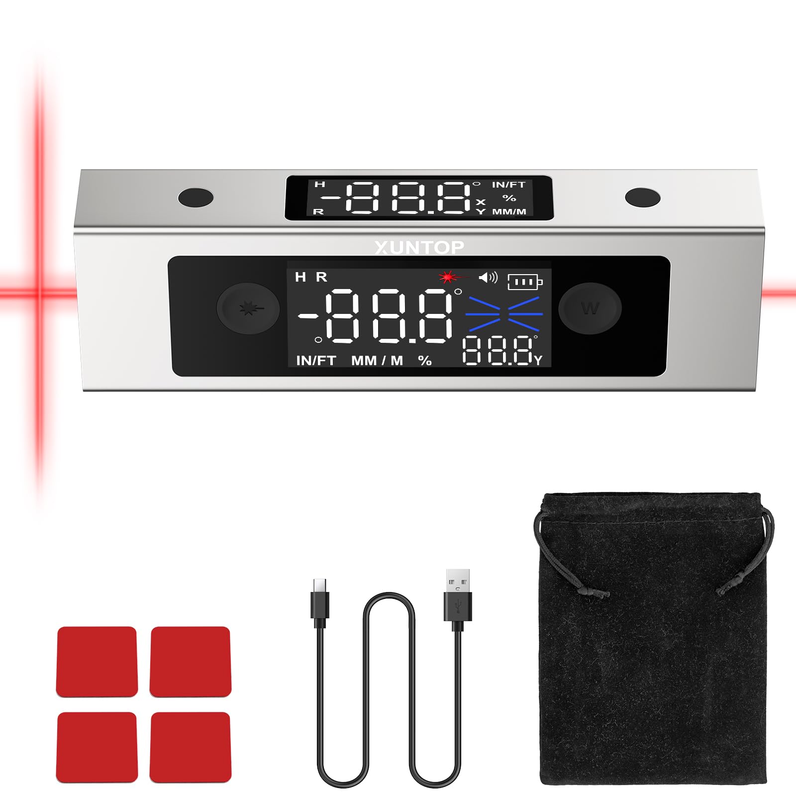 XUNTOP Goniometro Digitale Inclinometro Doppio Laser Livella Supporto Misure Doppio Asse con Doppio Display LCD Interfaccia Type-C per la Lavorazione del Legno Edilizia Decorazione Fai da Te