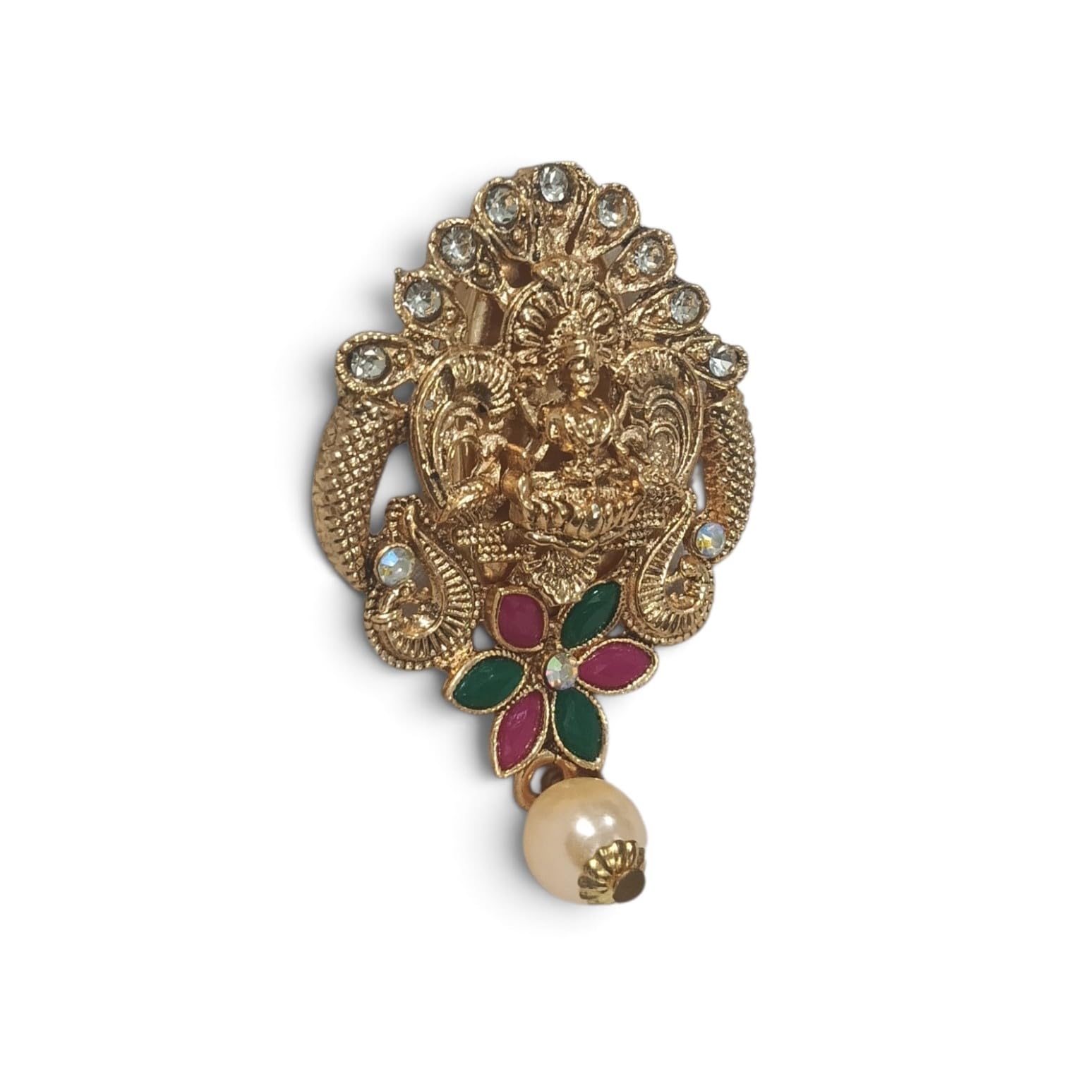 Lakshmi Temple Saree Pin, Gold-Tone with Pearl Drop-picture-15