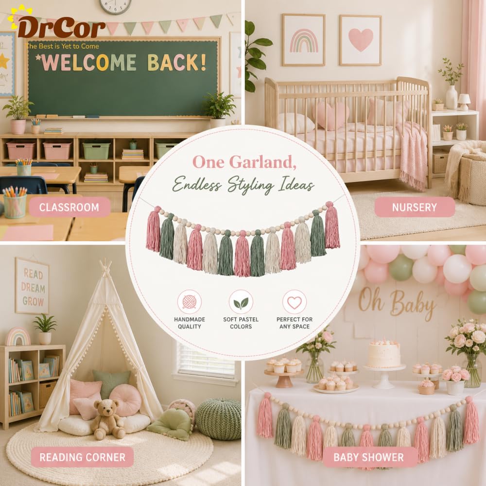 DrCor - Guirnalda de borlas rosa y verde, moderna, bohemia, decoración para colgar en la pared, para dar gracias, Navidad, aula, guardería, fiesta, dormitorio de niños, cumpleaños, baby shower,