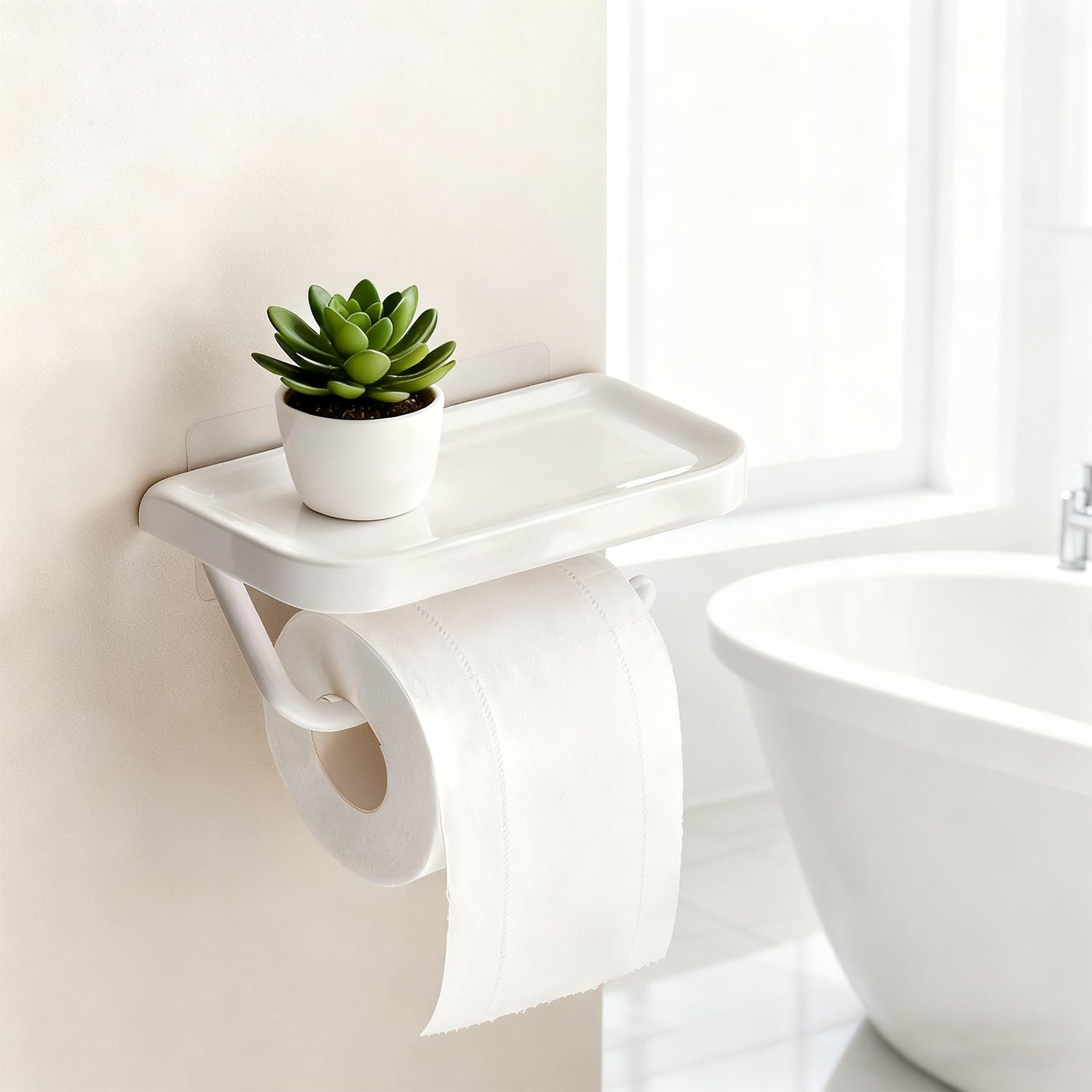 Self Adhesive Toilet Paper Holder with Shelf, No Drill Wall Mounted Bathroom Tissue Holder, Sticky TP Roll Holder with Phone Shelf for RV, White — Amazon image 9