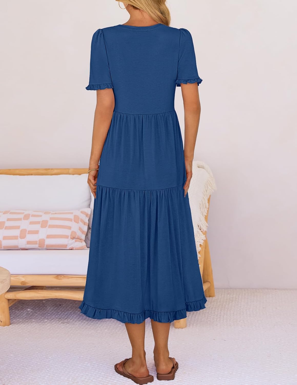 MEROKEETY Women's 2026 Summer Casual Midi Dress Short Sleeve V Neck A Line Flowy Tiered Vacation Beach Dresses - Image 5