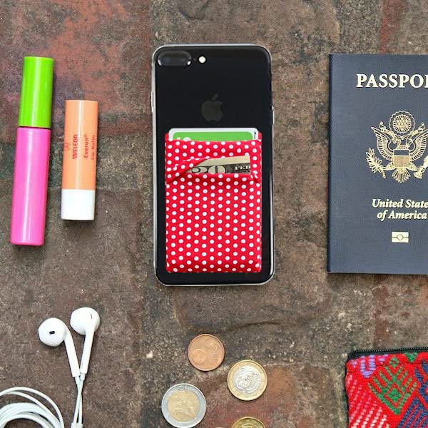 Image of RFID Blocking Phone Card Wallet Stretchy Lycra Wallet Pocket Credit Card ID Case Pouch Sleeve Adhesive Sticker Compatible with iPhone Samsung Galaxy Android Smartphones (Polka Dot Red)-2PC