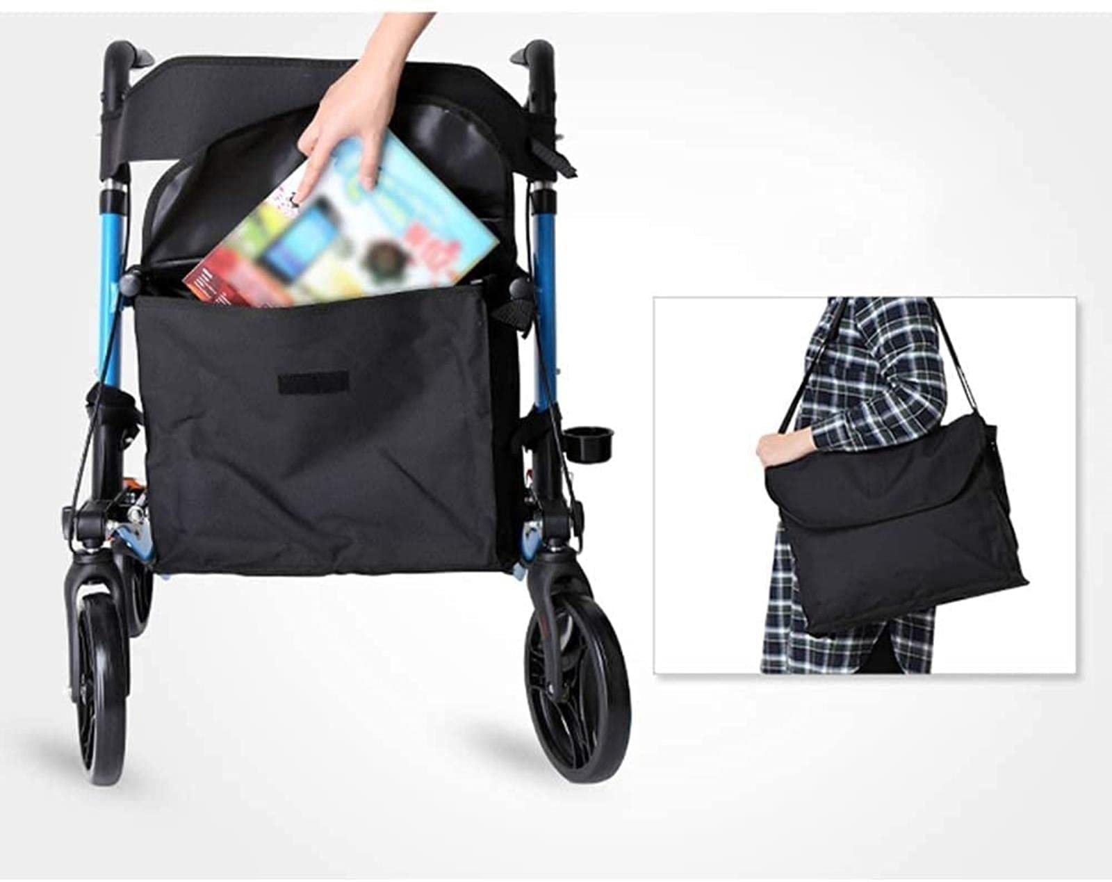 Andador con Andador para Caminar Ancianos Polea Plegable y Asiento Silla de Empuje Azul Ancianos Cuatro Ruedas Bastón Auxiliar Antideslizante con Anhelo de