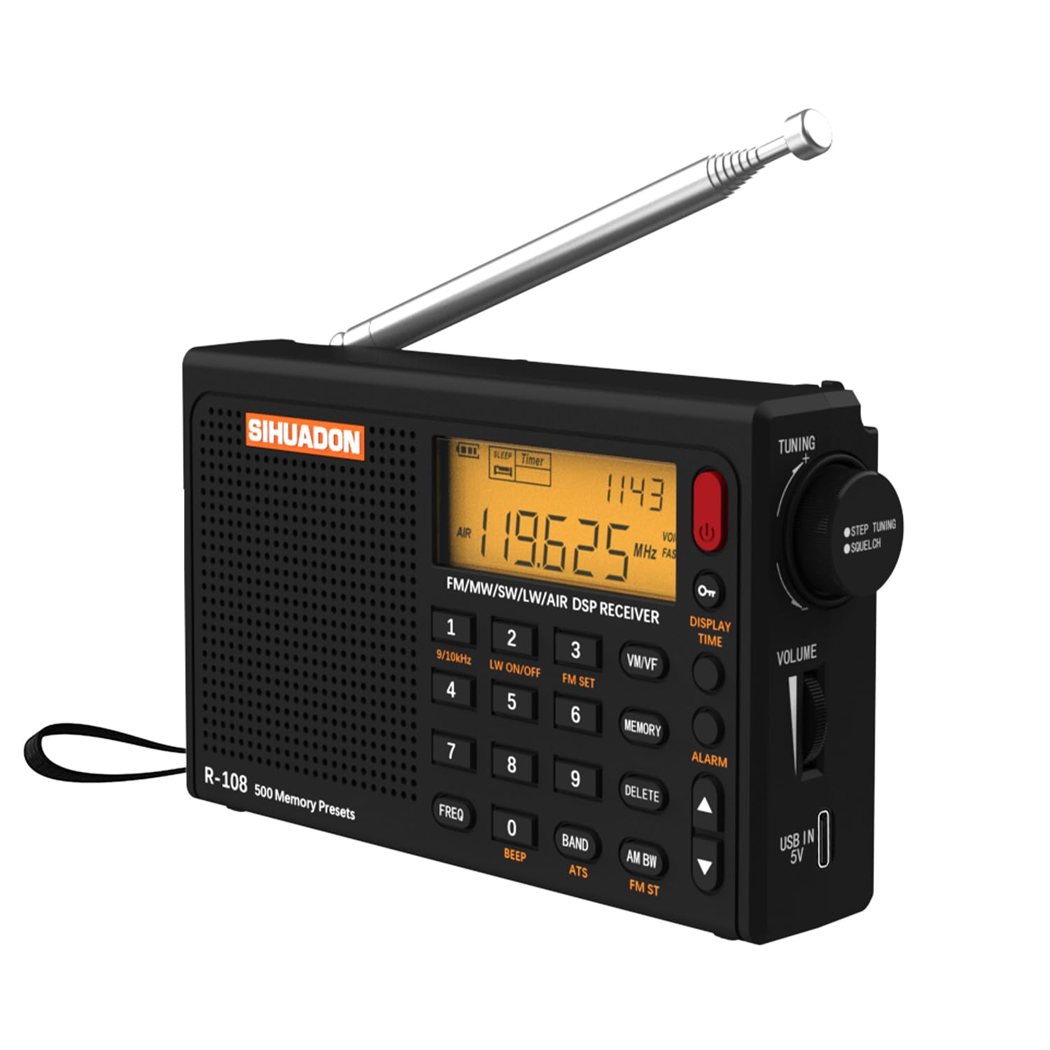 Radio Portable SIHUADON R108 FM AM MW SW Multibande Poste Radio à Ondes avec Affichage du Temps de Parole Fort RéTro-éClairage NuméRique Alarme Noir