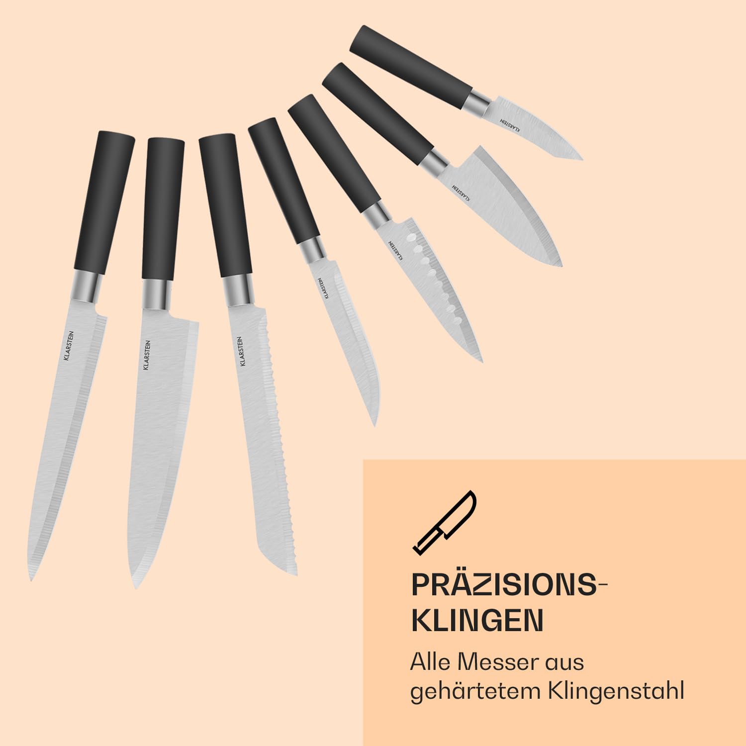 Klarstein Kitano - Messer-Set, Messerblock, 8-teilig, Präzisionsklingen, Rostfreier Edelstahl, Holzblock, Schwarz
